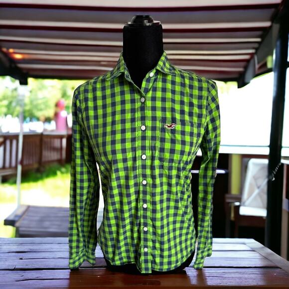 Hollister Womens Blouse Sz M Lime Green Blue Check Long Sleeve Button Up Cotton - Picture 3 of 9